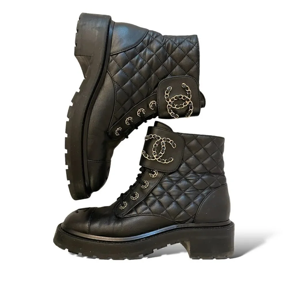 CHANEL Fall 2021 Black Lambskin Lace-Up Boots |Size: 38|